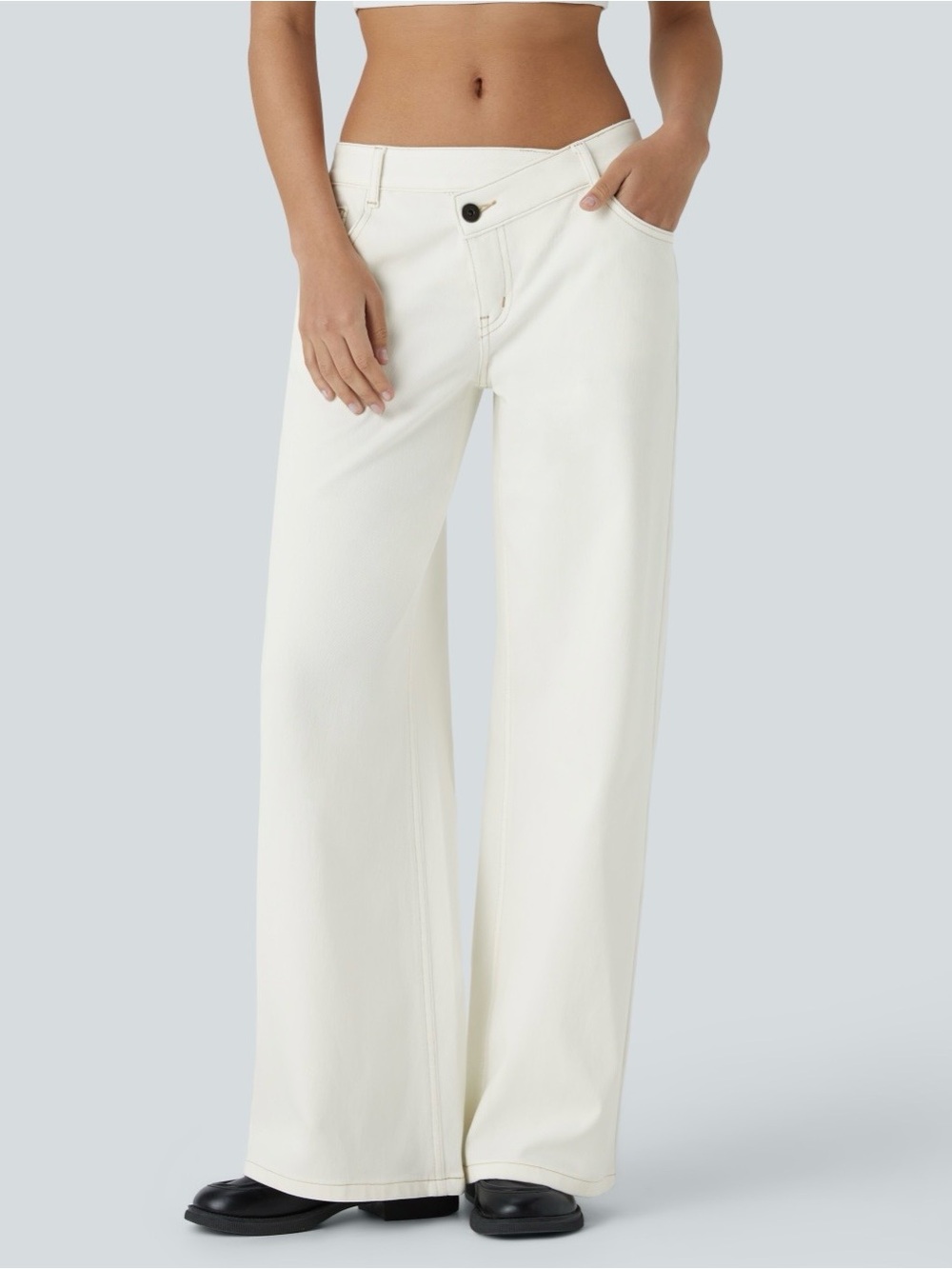 HALARA Flex Asymmetric Low Rise Zipper Baggy Wide Leg Casual Jeans off-White